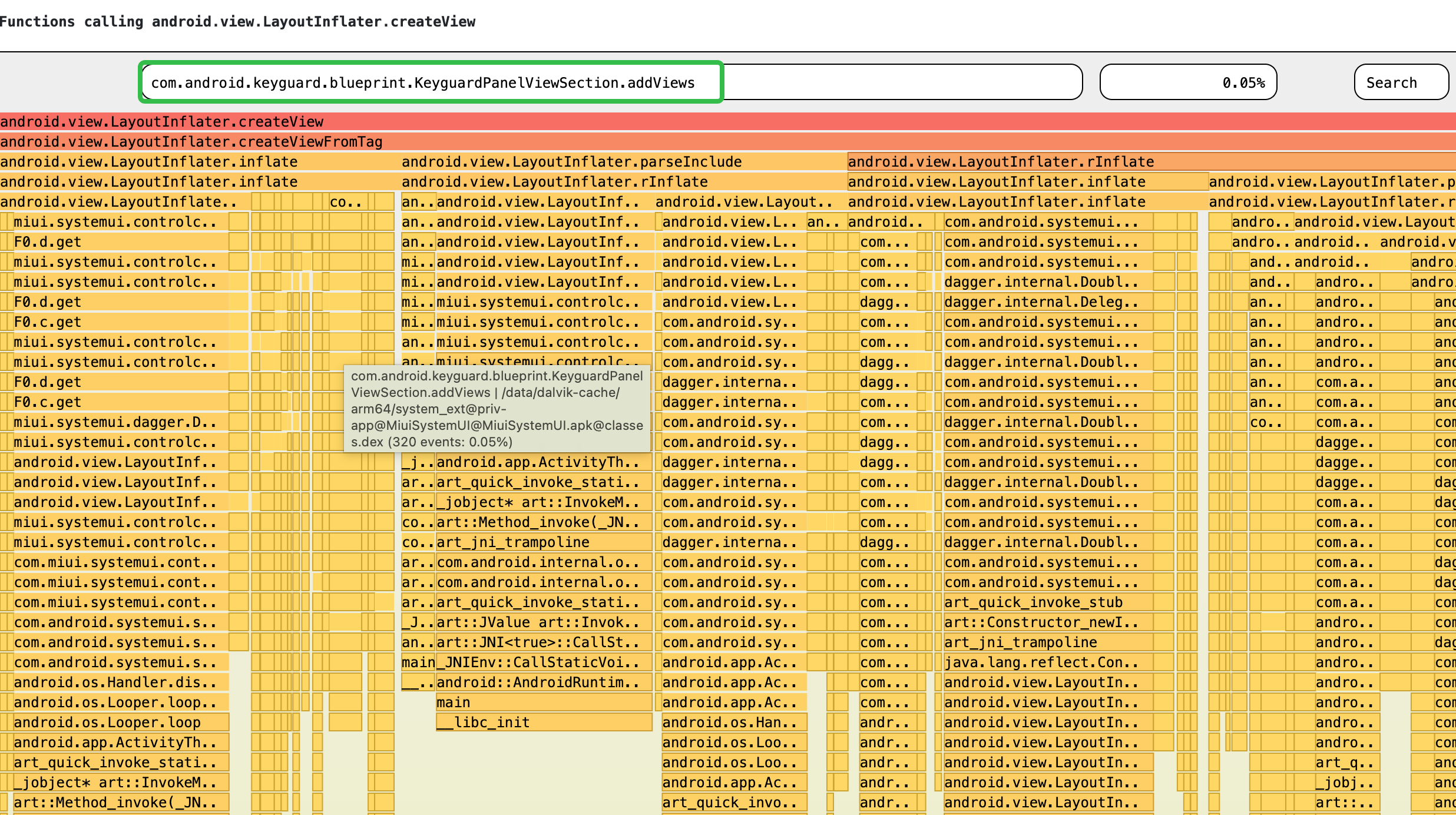 LayoutInflater.createView 调用栈（锁屏 KeyguardPanelViewSection.addView 占0.85%）