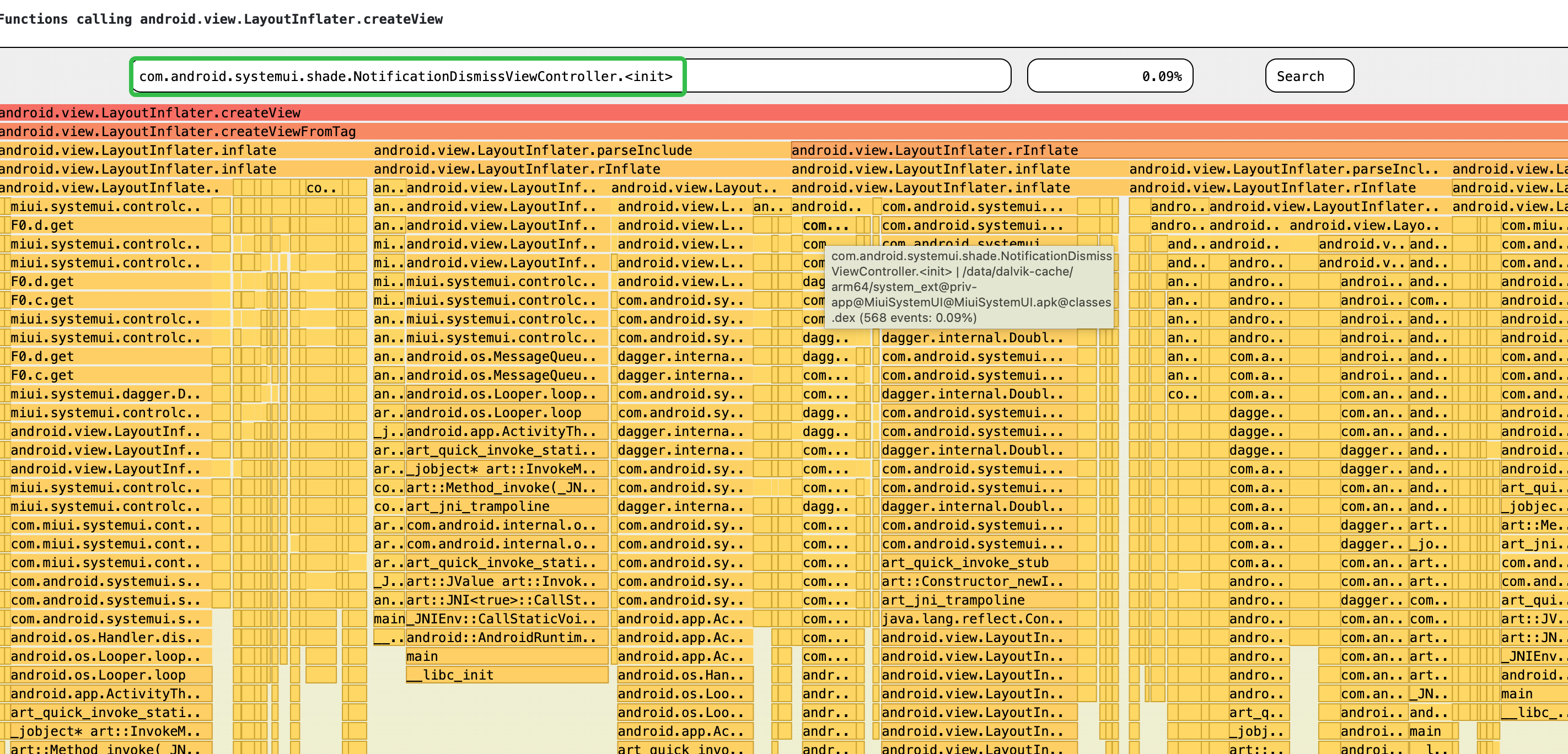 LayoutInflater.createView 调用栈（通知 NotificationDismissViewController 占8.89%）