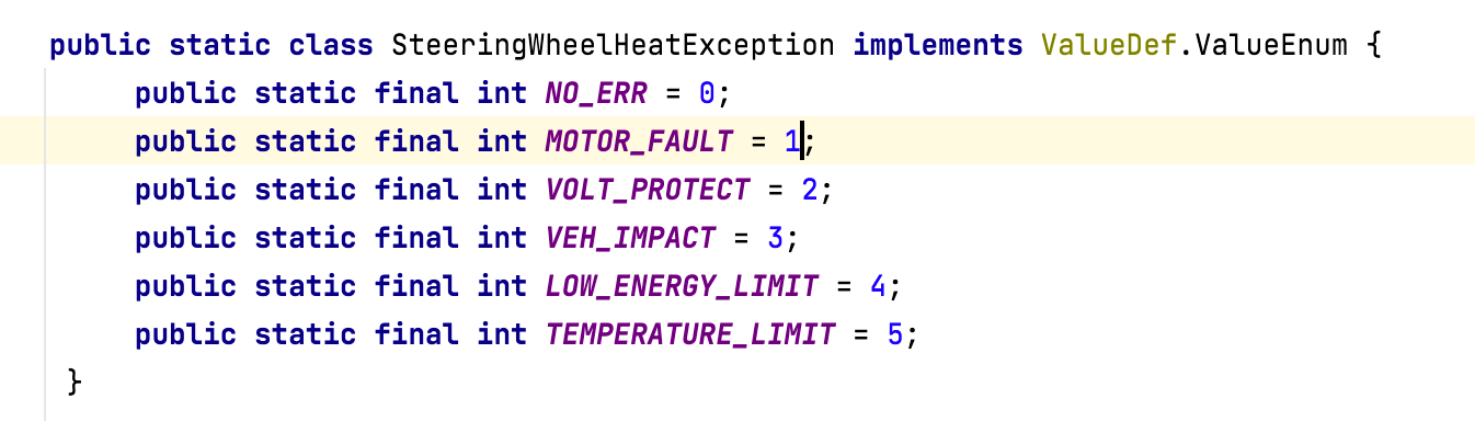 SteeringWheelHeatException 枚举类:NO_ERR=0、MOTOR_FAULT=1、VOLT_PROTECT=2、VEH_IMPACT=3、LOW_ENERGY_LIMIT=4、TEMPERATURE_LIMIT=5。