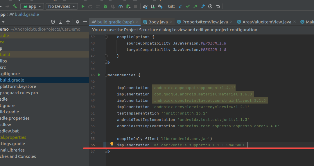 CarDemo build.gradle 中 vehicle.support 依赖版本(第56行高亮)