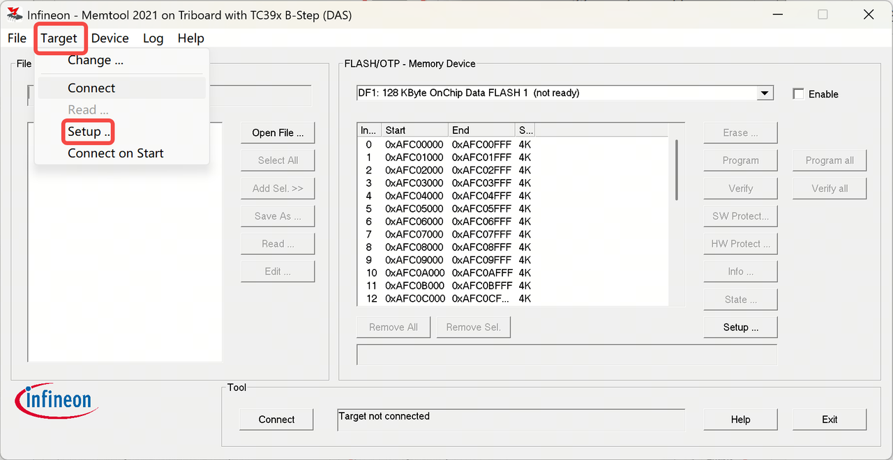Memtool: File → Target → Setup