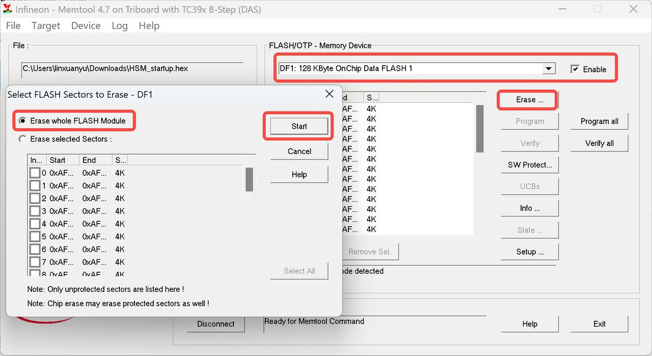 Memtool 4.7 选择 DF1 区域擦除